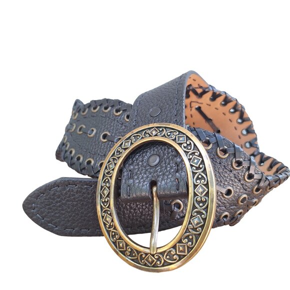 Brighton Sara Toga Leather Belt Size 32 Textured Black Whip Stich Western - Picture 3 of 10